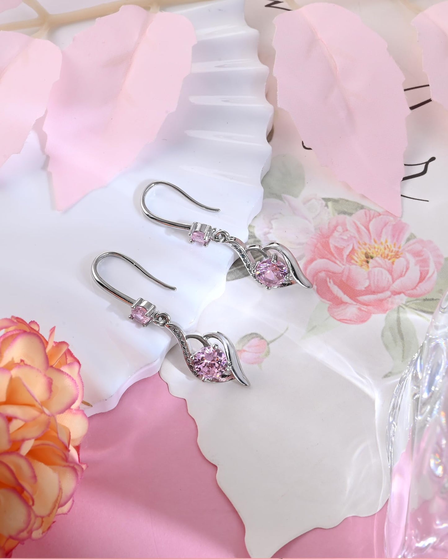 Heart Pink Drop Dangle Earrings-925 Sterling Silver with Pink Crystals-Long Birthstone Jewellery for Women