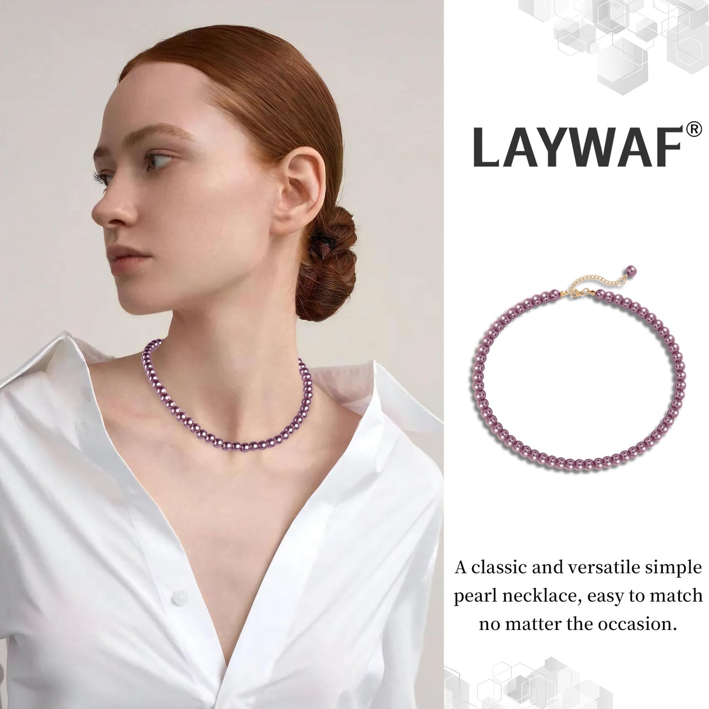 LAYWAF Imitation Pearl Necklace for Women, Fake Pearl Purple Choker, 8MM Beaded Necklace, Simple Dainty Faux Pearls Necklace Jewelry, Costume Pearl Accessories