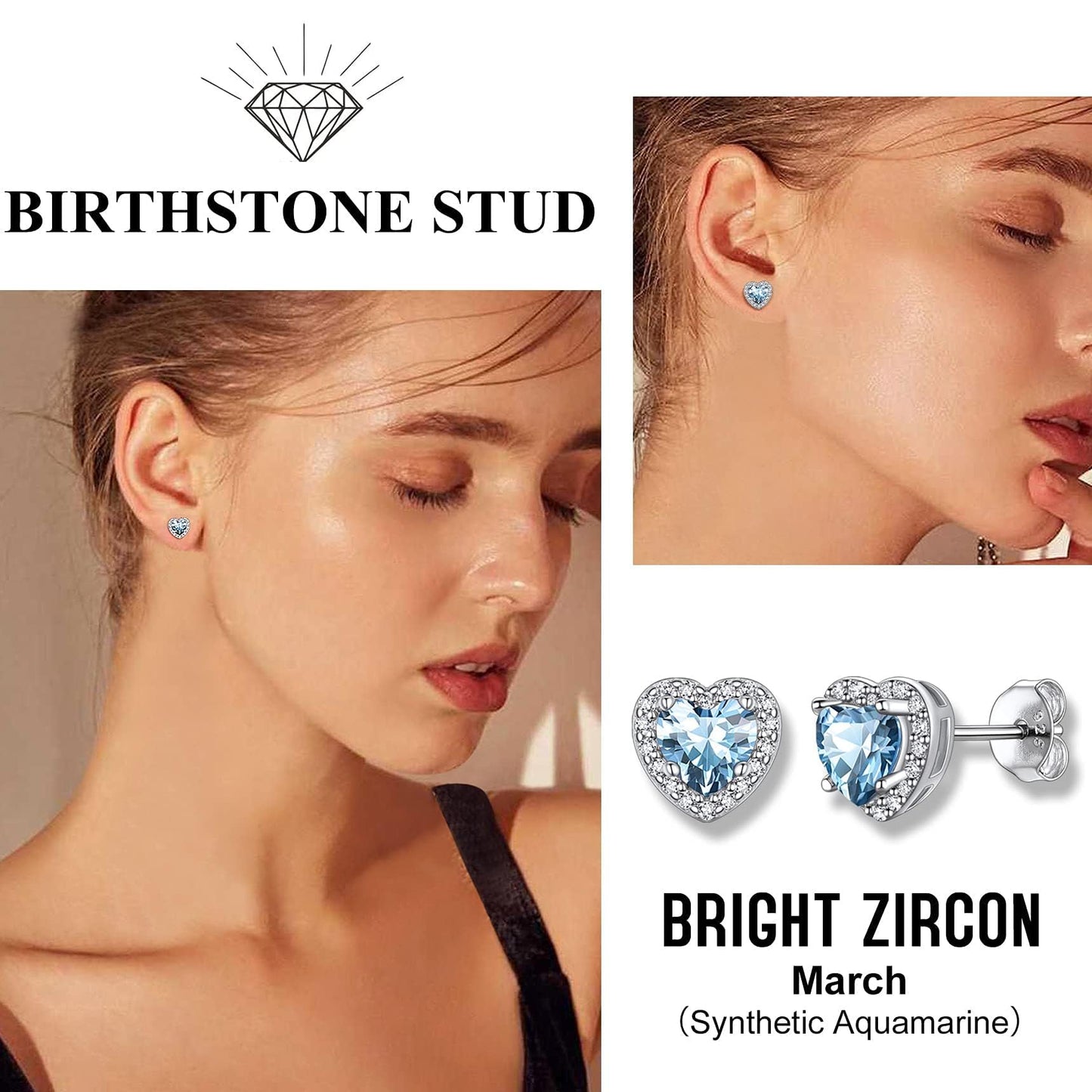 Bestyle 925 Sterling Silver Love Heart Cubic Zirconia Earrings March Aquamarine Birthstone Stud Earrings for Women, Hypoallergenic Earrings for Sensitive Ears