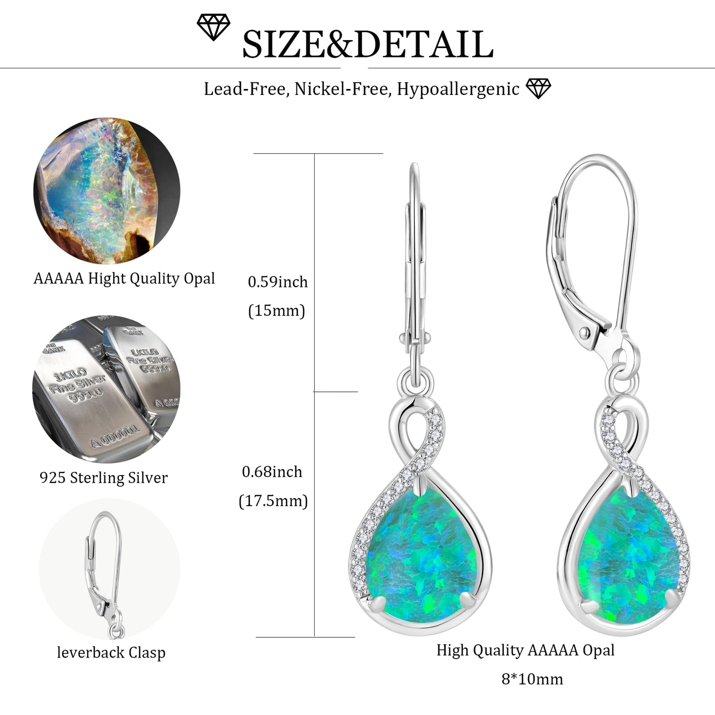 FYNSBLE Green Opal Earrings for Women Sterling Silver Infinity Opal Dangle Drop Leverback Earrings Hypoallergenic Jewelry for Women