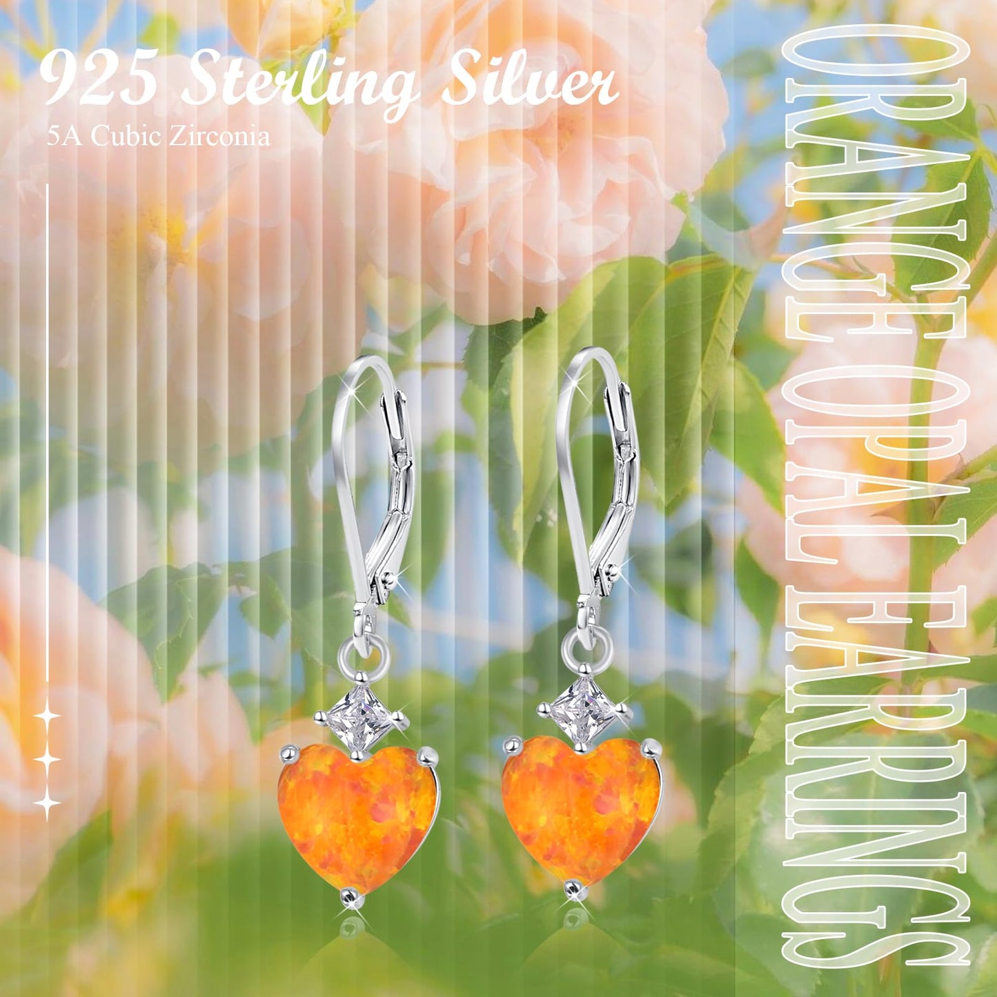 Heart Opal Earrings, S925 Sterling Silver Orange Opal Drop Earring Jewelry Gifts for Women for Best Friend