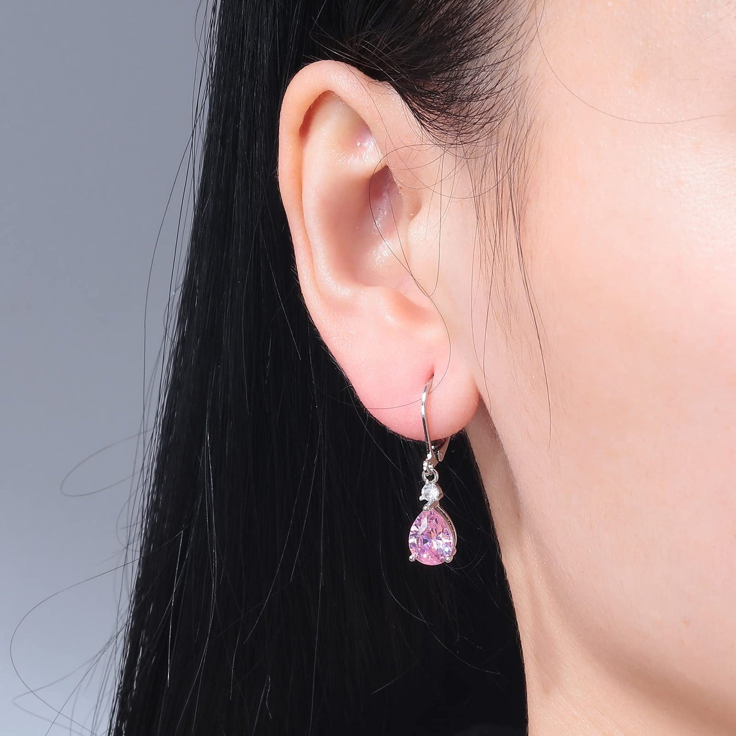 CiNily Leverback Dangle Earrings for Women 14K White Gold Plated Drop Earrings Pink Cubic Zircon Fashion Teardrop Hoop Earrings Hypoallergenic Jewelry for Sensitive Ear