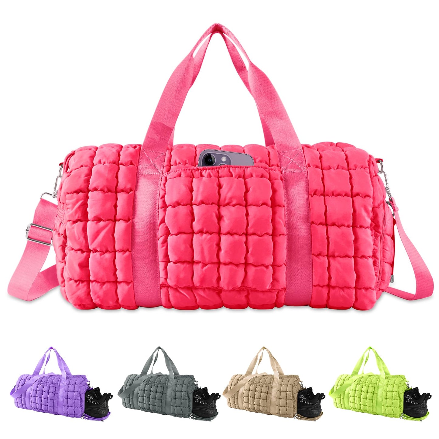 Quilted Travel Duffle Bag Gym Bag for Women,Large Puffer Duffle Weekender Bag with Compartment,Workout Overnight Carry on Organizer Bag Duffle Bag for Airplane Travel(Rosered)