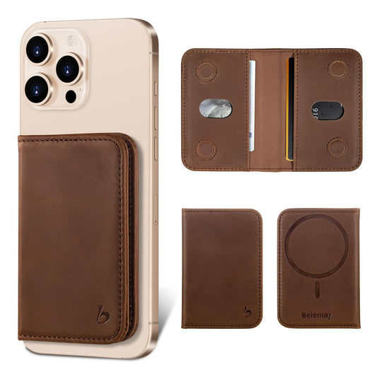 Belemay Minimalist Bifold Magnetic Wallet Compatible with MagSafe, Slim Card Holder for 4 Cards, Vintage Crazy Horse Leather, Compatible with iPhone 17/16/15/14/13/12 Series and MagSafe Cases, Brown