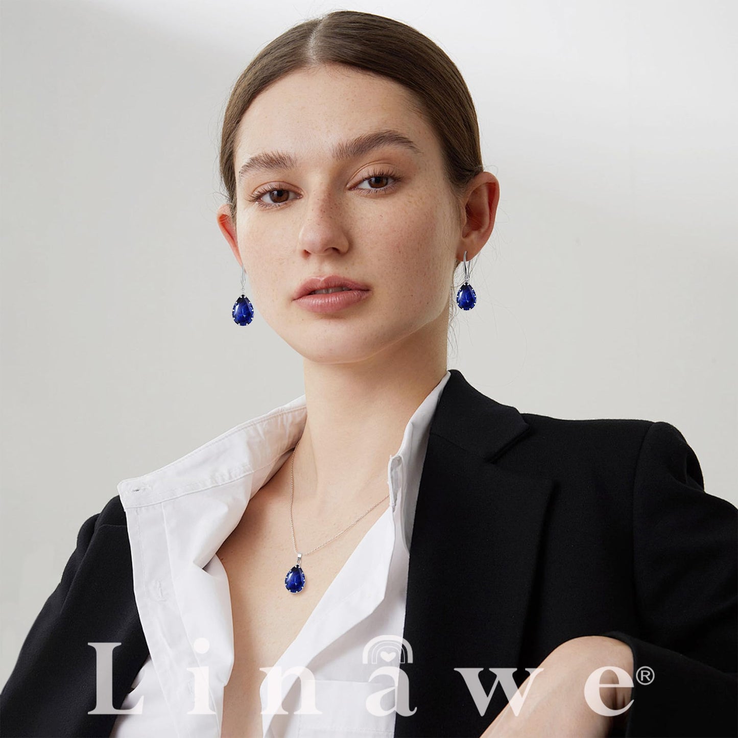 Linawe Sapphire Crystal Royal Blue Jewelry Sets Women, Silver Dangle Earrings, Imitation Diamond Pendant Necklace, Rhinestone Matching Necklace, Teardrop Cubic Zirconia Birthstone