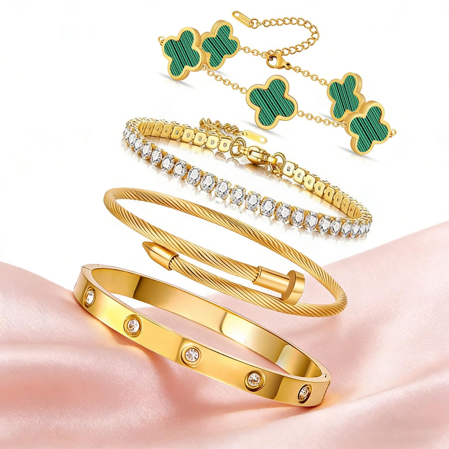 Gold Bracelets for Women, 18K Gold Plated Women Tennis Bracelets Clover Nail Love Bangle Bracelet Set, Gold Bracelet Stackable Set Trendy Jewelry, Gifts for Women's Day and Mother's Day (11-Color- 4 Green)