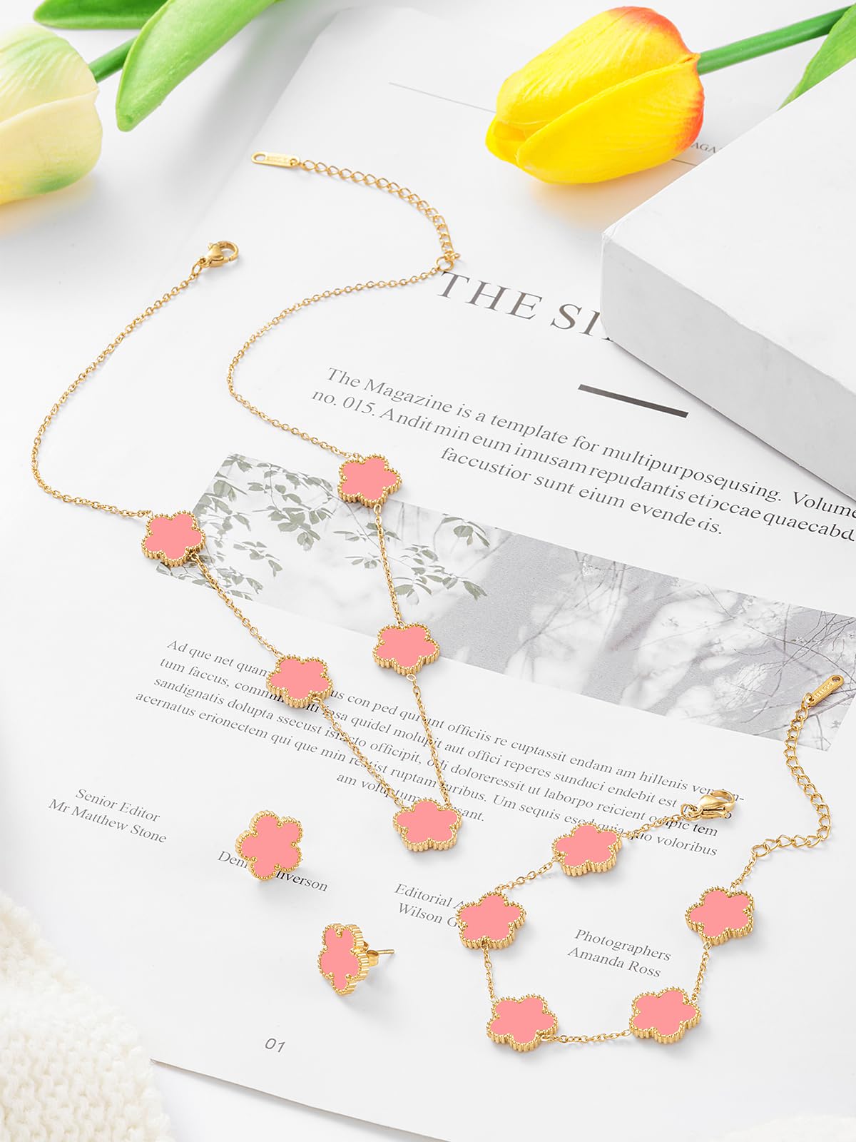 Five Leaf Clover Necklace Bracelet and Stud Earrings Set for Women Lucky Flower Jewelry (Pink-14K Gold Plated)
