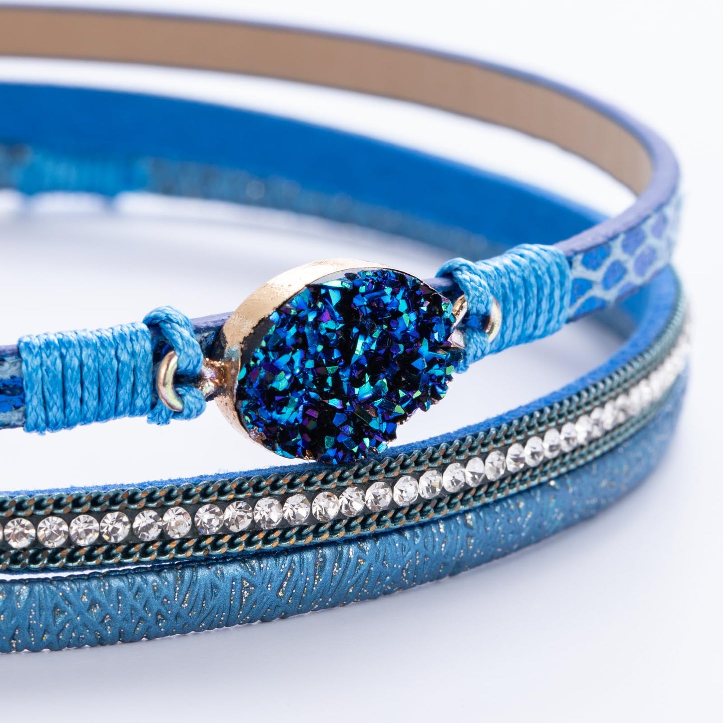 FANCY SHINY Boho Leather Wrap Bracelet Stackable Chunky Crystal Cuff Bracelets with Magnetic Clasp Cowboy Cowgirl Western Summer Beach Outfits Jewelry Gifts for Women (14.7", Royal Blue)