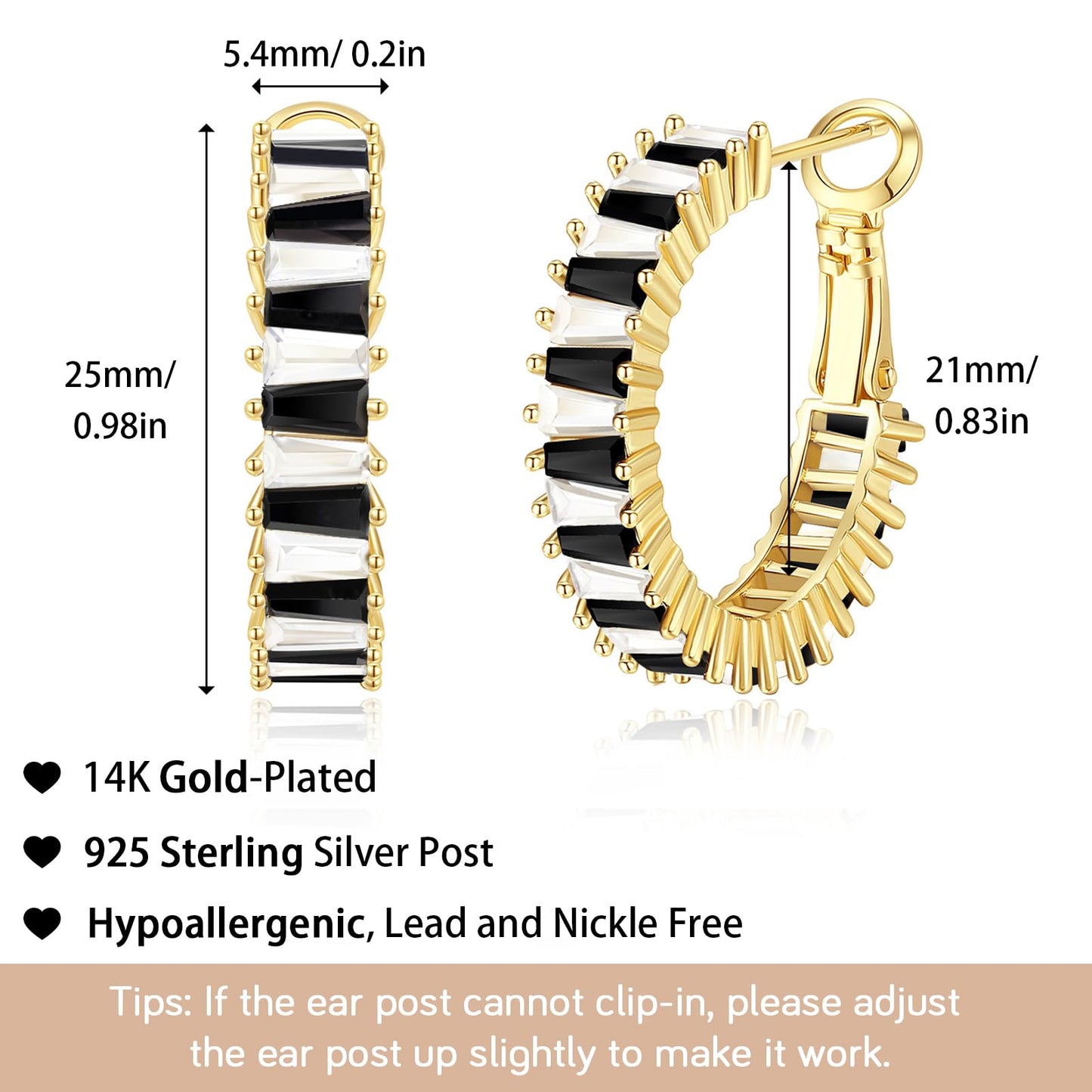 GLOQUAT Crystal White and Black Hoop Earrings 14K Gold Plated Hoops for Women 925 Sterling Silver Post Vintage Gold Round Circle Rhinestone Hoops for Women Trendy Winter Jewelry 25mm