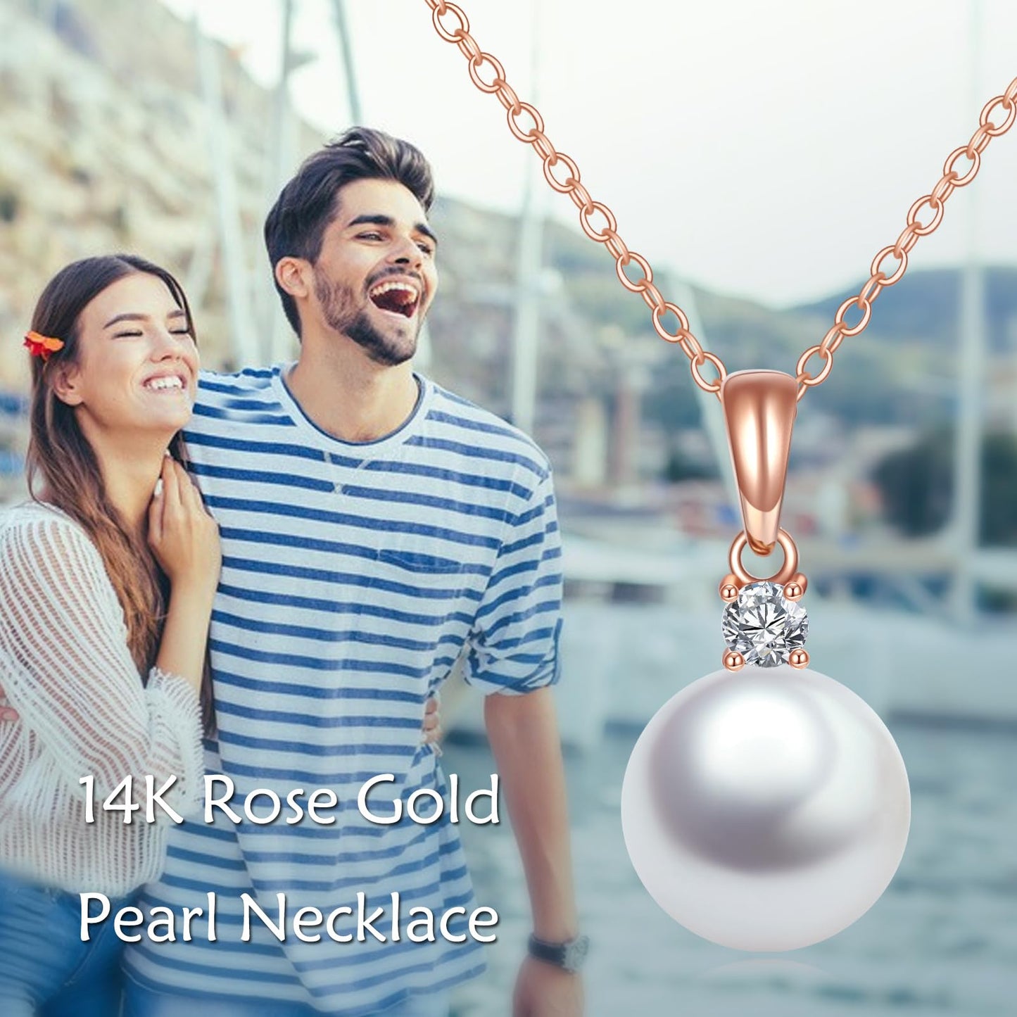 14K Gold Pearl Pendant Necklace for Women (Freshwater Cultured Pearl), Real Gold Present Jewelry Gifts for Wife Girlfriend Mother Mom, 16"-18" (2-rose gold)