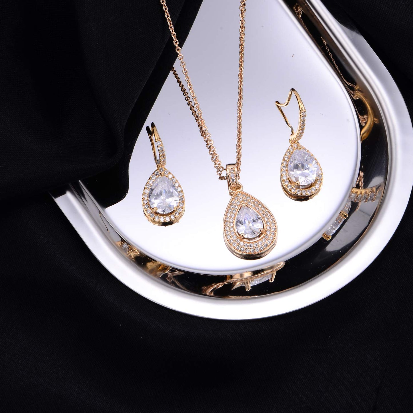Mycitta Bridal Jewelry Set for Wedding - 18k Gold Plated Teardrop Cubic Zirconia Crystal CZ Drop Earrings Pendant Necklace Set for Bride Bridesmaids Prom Party Formal Jewelry Set Women