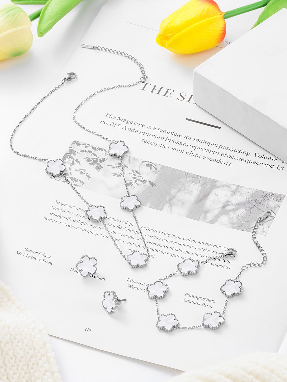 Qinpan Five Leaf Clover Necklace Bracelet and Stud Set for Women Lucky Flower Jewelry (White-Stainless Steel)