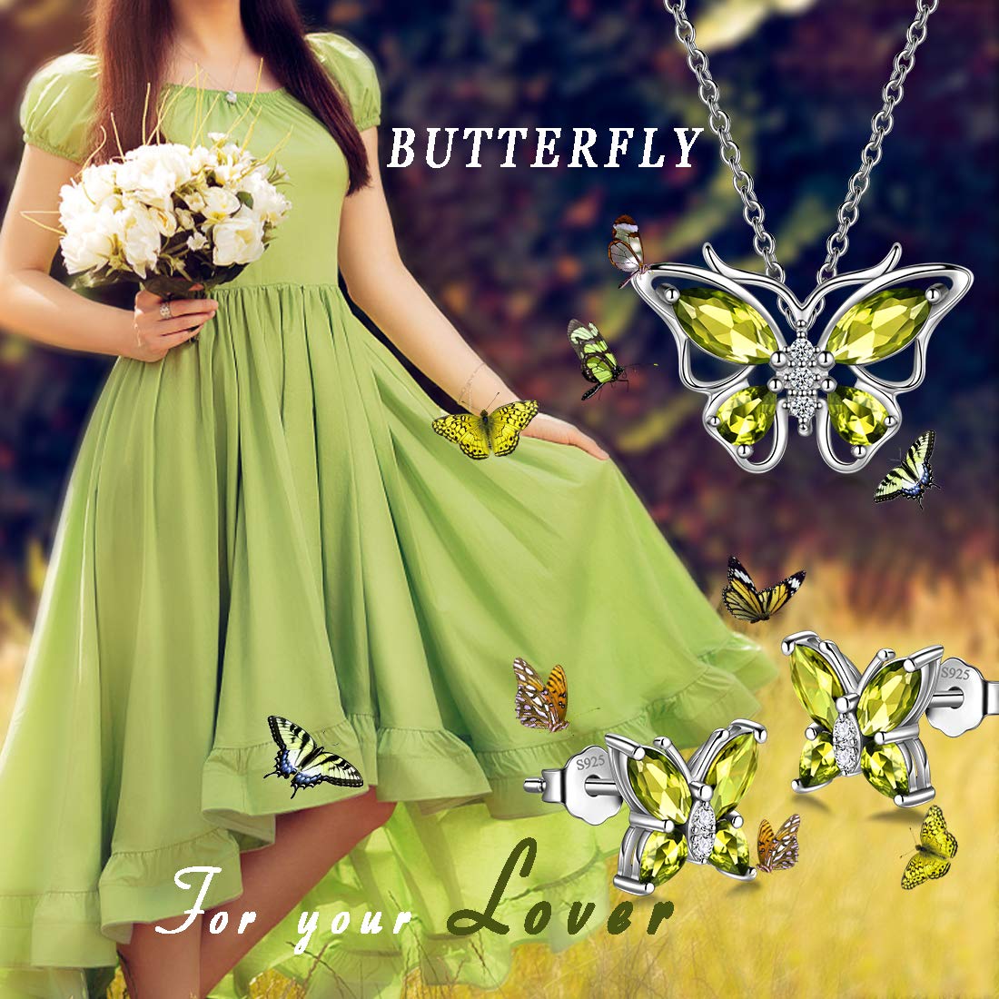 Hipunk Butterfly Green Jewelry Sets Birthstone Women 925 Sterling Silver August-Peridot Birth Stone Animal Butterflies Jewelry Sets/Earring Set Crystal Birthday Jewelry SS0001A