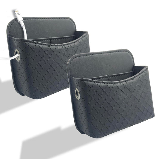 SportySizz Self-Adhesive Car Seat Side Pocket Organizer with Cable Port - Black PU Leather Storage Pouch for Phone & Keys, Fits Gaps, Console & Door (2 PCS)