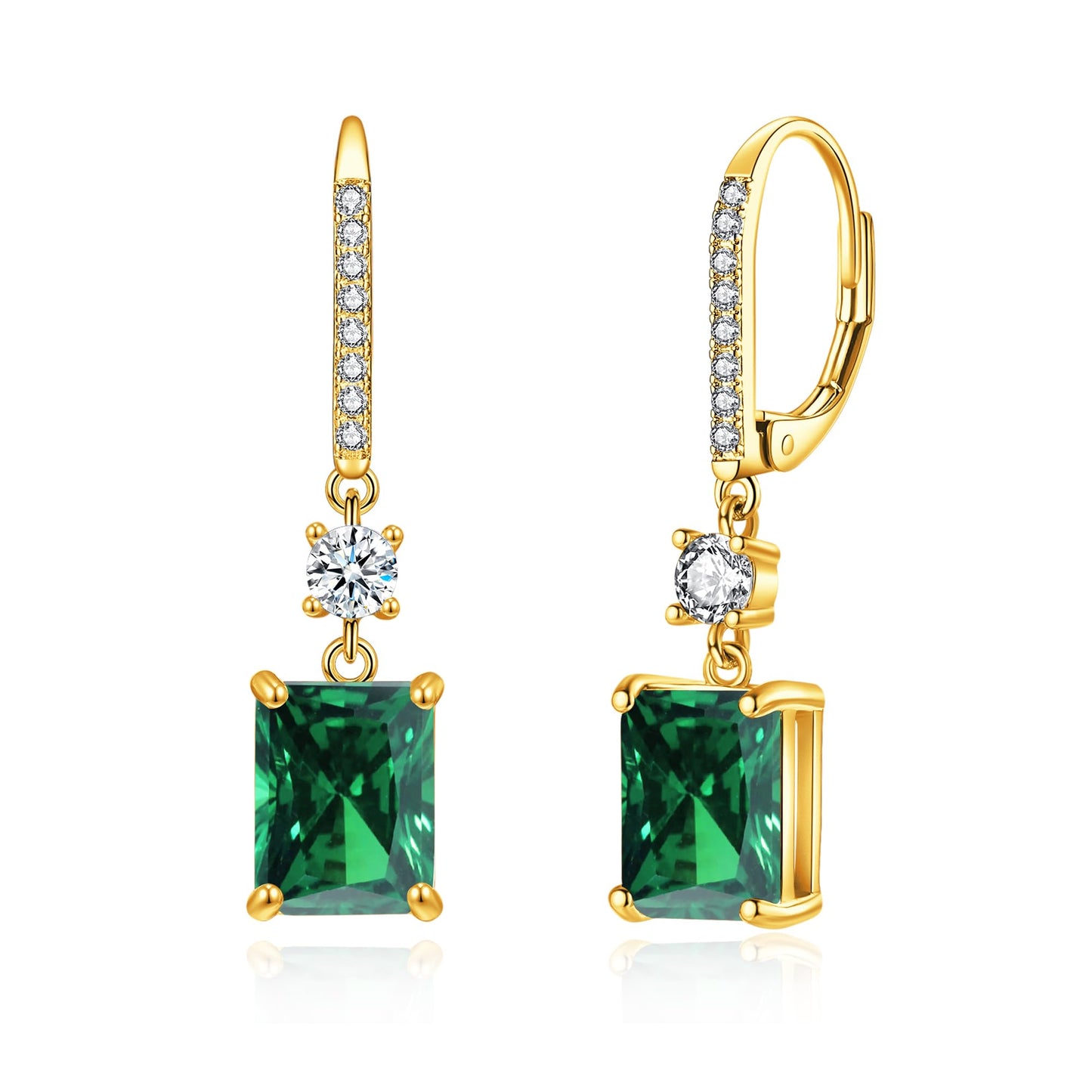 CiNily Leverback Earrings for Women Rectangular-cut Drop Dangle Earring Hypoallergenic, 14K Gold Plated Emerald Green Cubic Zircon Earrings Diamond Dangle Ear Rings Jewelry Birthday