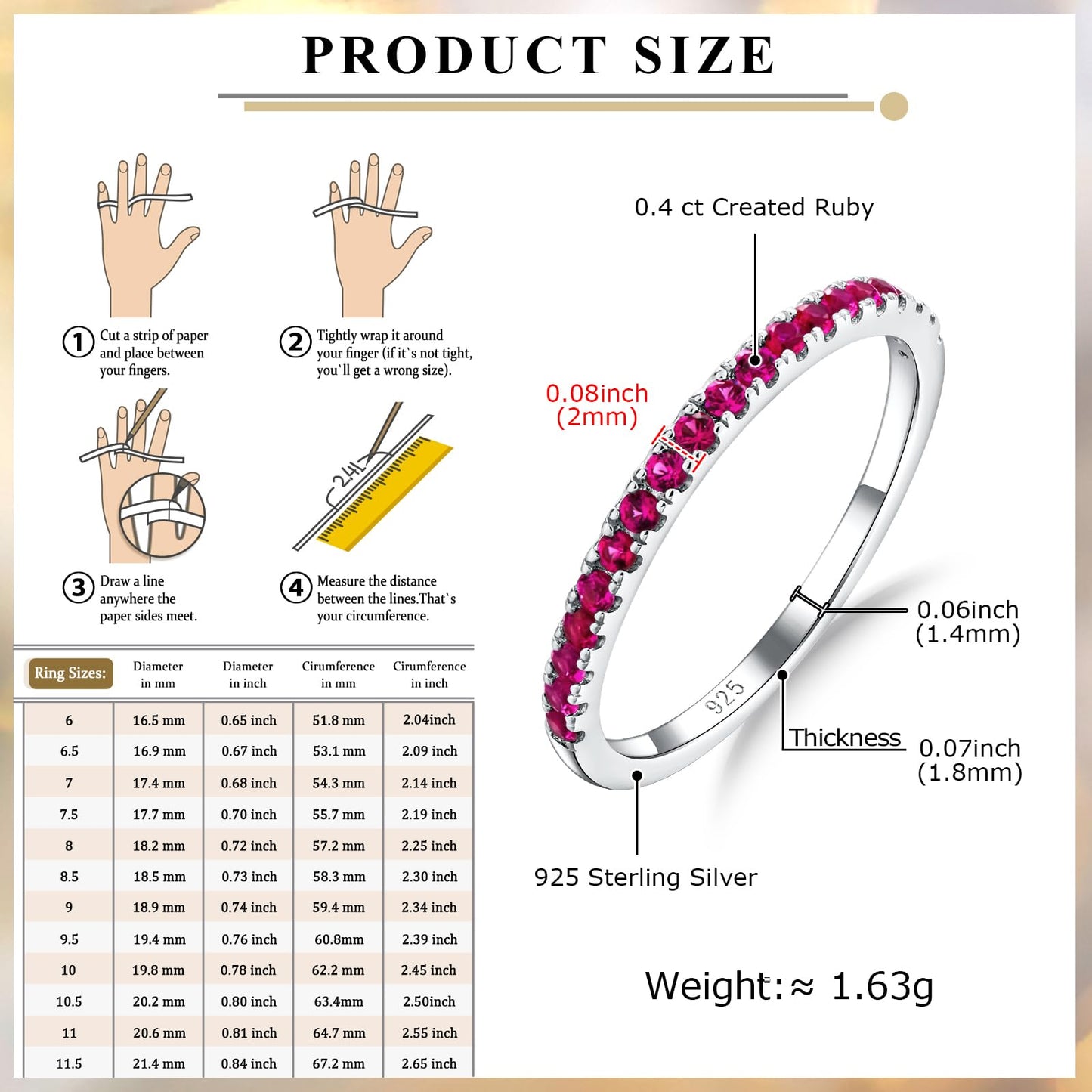 0.4 Cttw Ruby Wedding Ring 925 Sterling Silver Stackable Half Eternity Band July Birthstone Inlaid Red Stone Promise Cocktail Rings for Men Women, Size 6