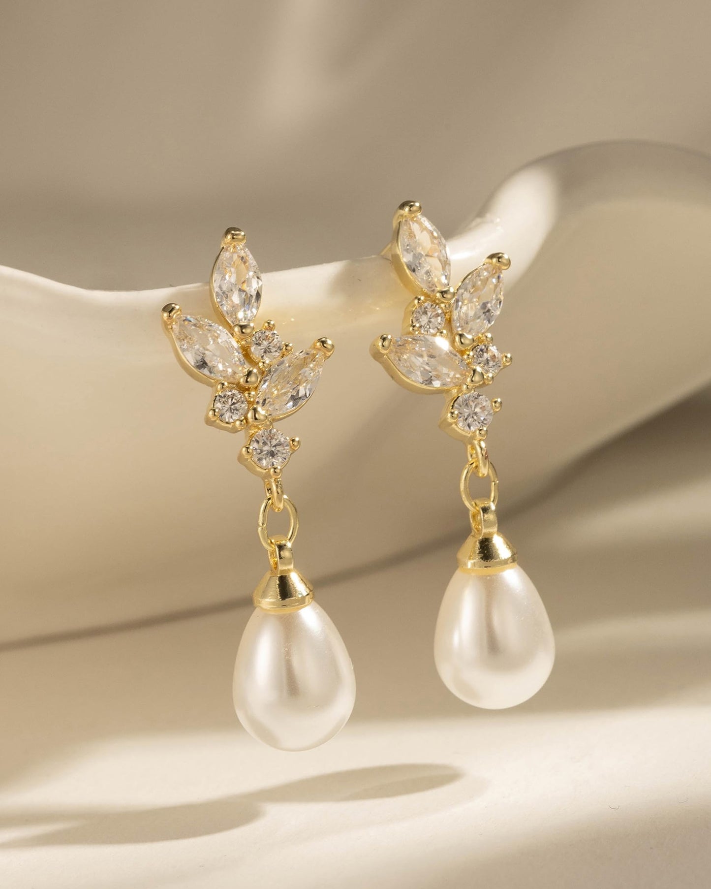 Gold Pearl Dangle Earrings for Women Trendy - 14K Gold Plated Brides Drop Dangle Cubic Zirconia Elegant Prom Bridal Bridesmaids Wedding Anniversary Dangling Jewelry