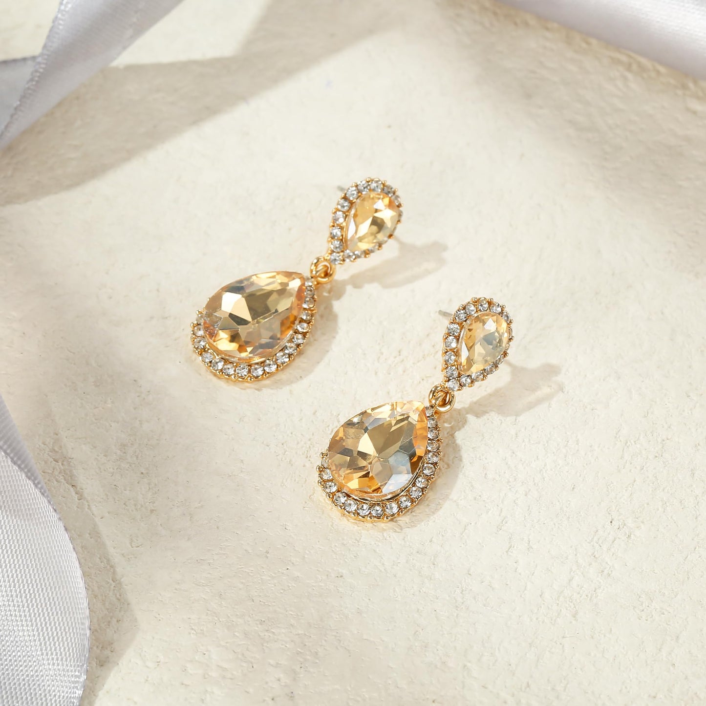 EVER FAITH Austrian Crystal Costume Party Dangle Earrings, Champagne Rhinestone Elegant Bridal Waterdrop Pierced Earrings for Women Bridesmaid