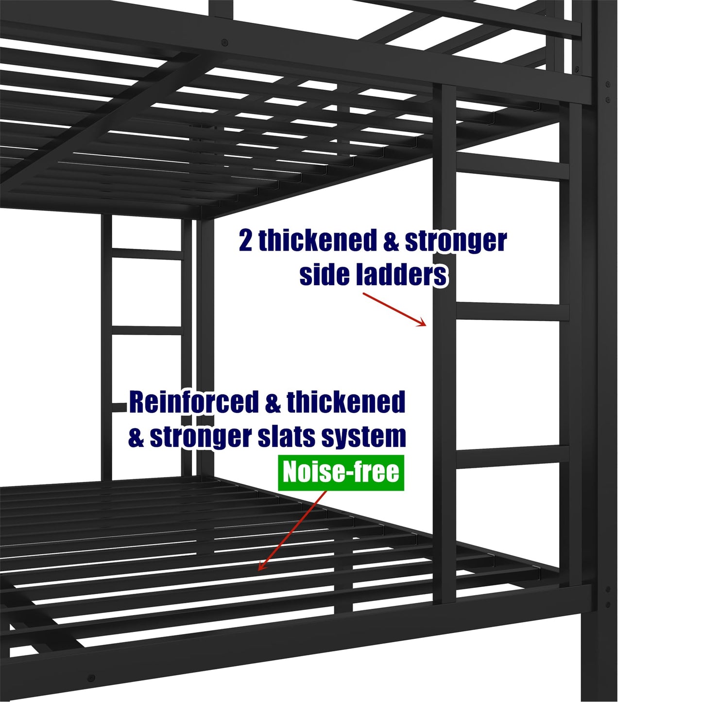 TIHWOALL Upgraded & Stronger Heavy Duty Metal Queen over Queen Bunk Bed with Twin Size Trundle, More Stable Safer Thickened Bunkbeds (Greater Weight Capacity) (Queen over Queen Bunk with Twin Trundle)