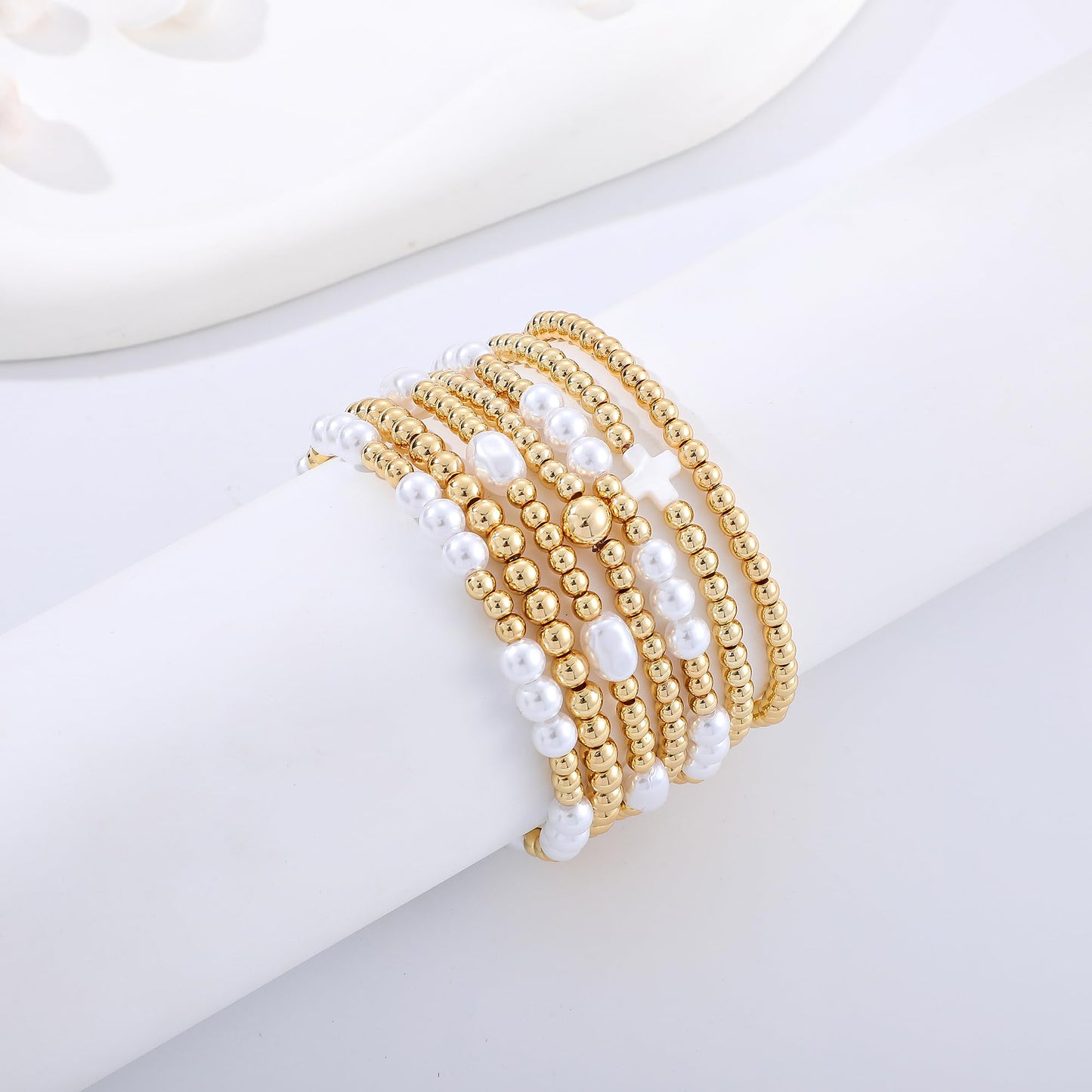 Sajidos Gold Plated Beaded Bracelets for Women Trendy, 14K Gold Plated Stack Cross Pearl Gold Plated Bead Stretch Bracelets Set Elastic Hypoallergenic Bracelets Jewelry Gifts (style19-3)