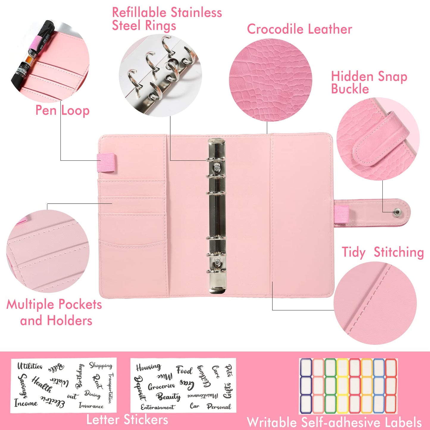 Budget Binder with Zipper Envelopes - Crocodile Pattern Leather Money Organizer, Cash Saving Book Budgeting Planner, Cash Stuffing Folder Envelope System, A6 Bill Binders with Pockets, Pink