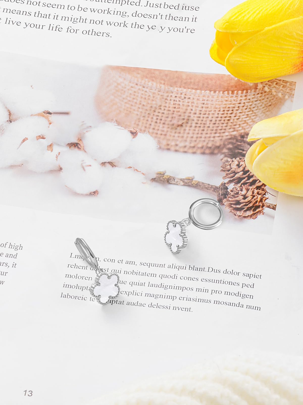 Gold Plated Five Leaf Clover Dangle Earrings for Women Lucky Flower Jewelry (White-White Gold Plated)