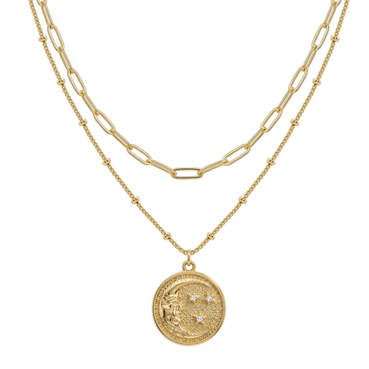 MEVECCO Gold Layered Choker Necklace for Women, 18K Gold Plated Dainty CZ Cresent Moon Pendant Minimalist Paperclip Double Layer Necklace for Jewelry