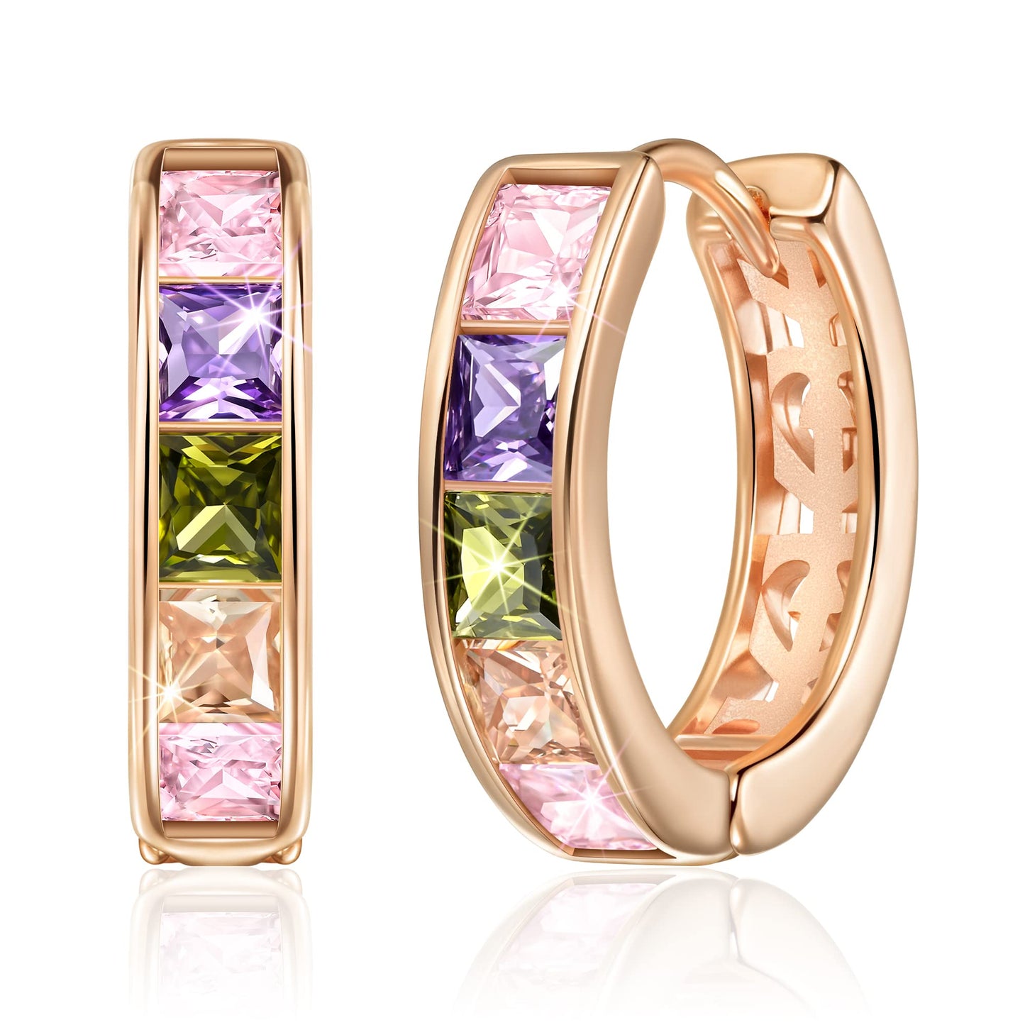 Linawe Hoop Earrings for Women - Trendy Tiny Mini Huggie, Cubic Zirconia Rainbow Rose Gold, Safety Pin Flat Back Stud, Tragus Piercing Jewelry