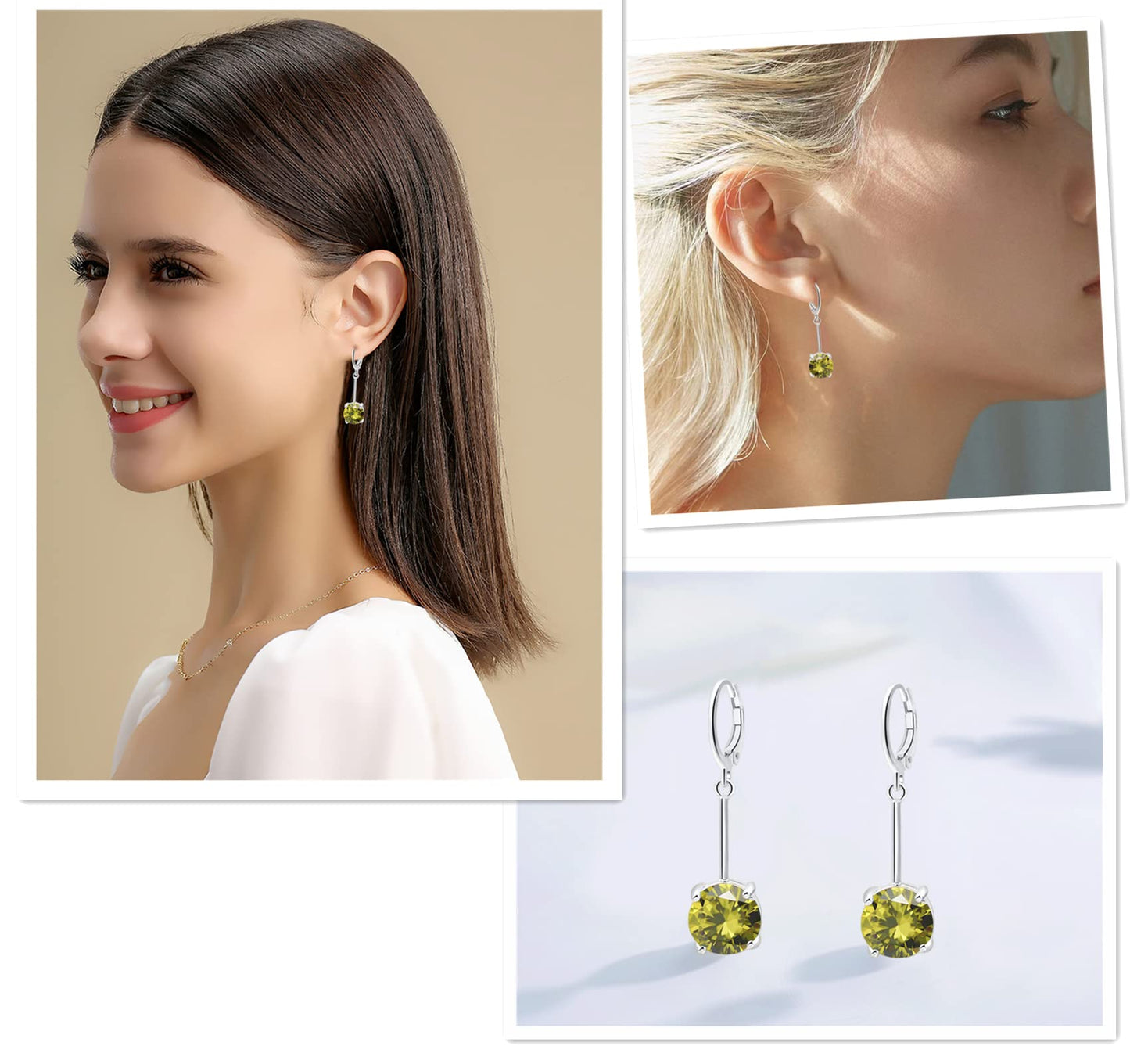 VONSSY Gemstone Drop Dangle Earrings | Platinum /Gold Plated Leverback Crystal Cubic Zirconia Hanging Red /Pink/Blue Earrings (Olive Green-Platinum)