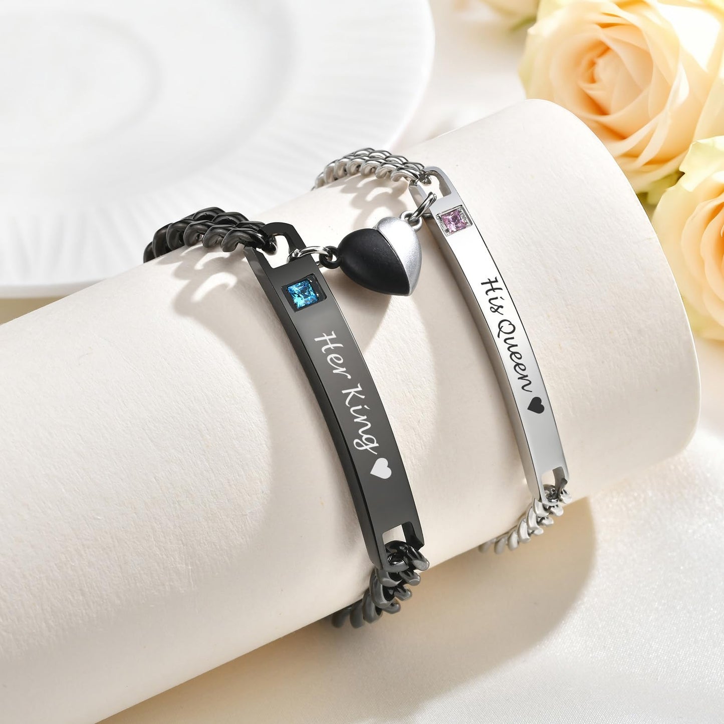 MEALGUET Matching Couple Bracelets for Men Women : Her King His Queen Cuban Link Chain Bracelets Set Jewelry for Boyfriend Girlfriend Husband Wife, Romantic Gifts for Valentines Birthday Anniversary