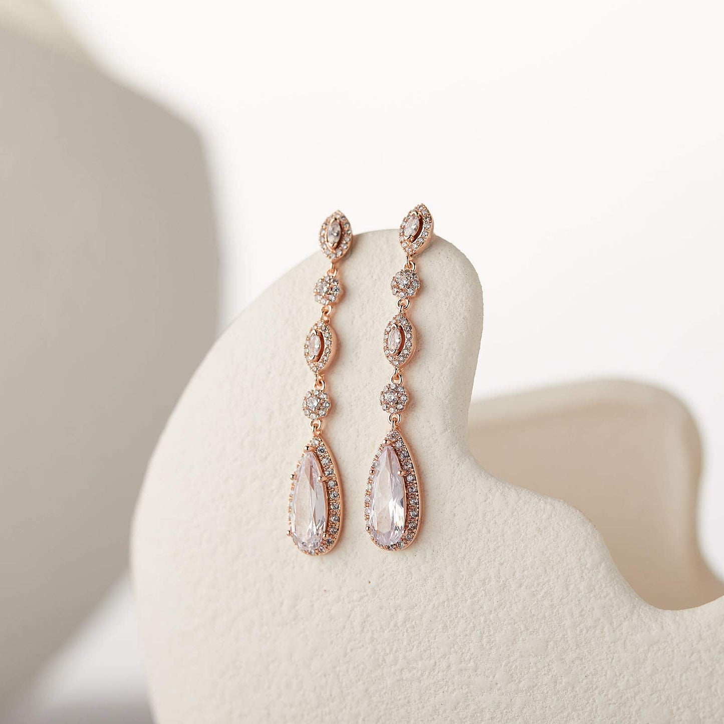 SWEETV Long Pear-Shaped Rose Gold Wedding Birdal Earrings for Brides, Bridesmaids, Crystal Chandelier Dangle Drop Earrings for Women Prom