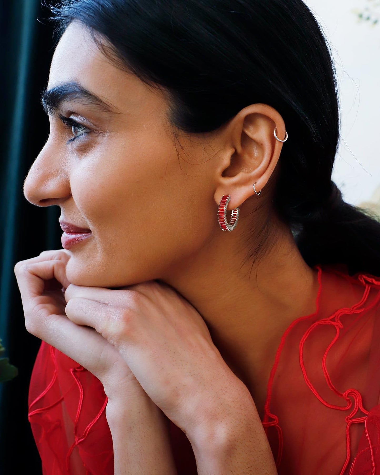 GLOQUAT Ruby Red Crystal Hoop Earrings White Gold Plated Red Earrings for Women 925 Sterling Silver Post Vintage Baguette Cubic Zirconia Round Circle Hoops for Women Trendy Rhinestone Jewelry 25mm