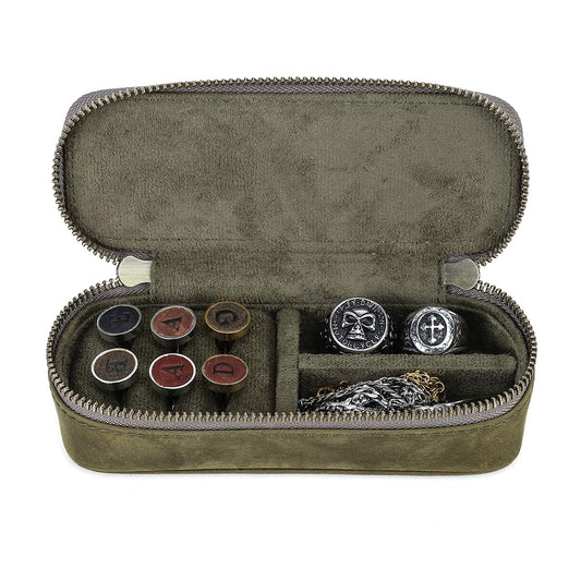 CONTACTS Crazy Horse Leather Cufflink Box for Men Travel Jewelry Storage Case Small Jewelry Organizer Padded Tray for Cufflinks Rings Earrings Studs (Green)