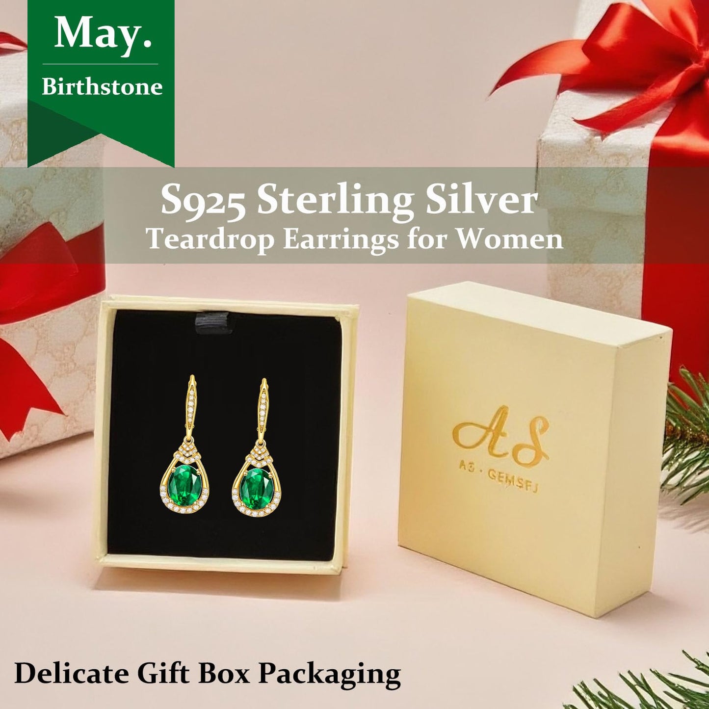 Green Emerald Dangle Earrings 18K G Plated Sterling Silver May Birthstone Teardrop Leverback Drop Earring for Women Lady | Wedding Jewelry Gifts for the Bride | Hypoallergenic Oval Cut CZ Earrings