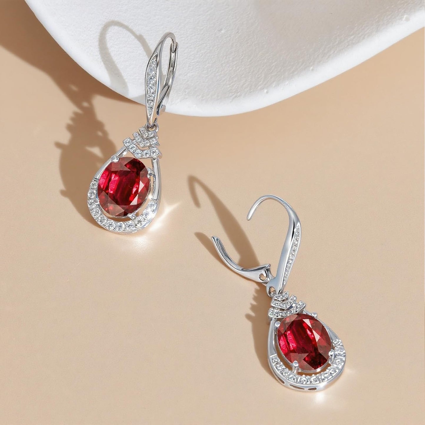 Red Garnet Dangle Earrings January Birthstone Sterling Silver Teardrop Leverback Drop Earring for Women Wedding Jewelry for the Bride Oval Cut CZ Earrings Anniversary Birthday Gifts for Wife Mom ﻿