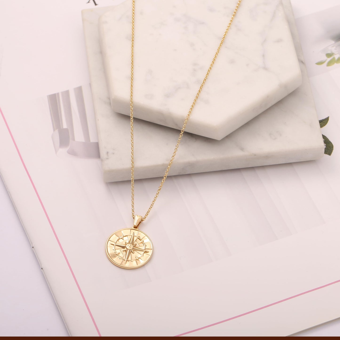 CANEVINKA 18K Gold Plate Compass Pendant Necklace for Women Dainty Sunflower Coin Necklaces Personalized Chain Layered Jewelry 18”/20”