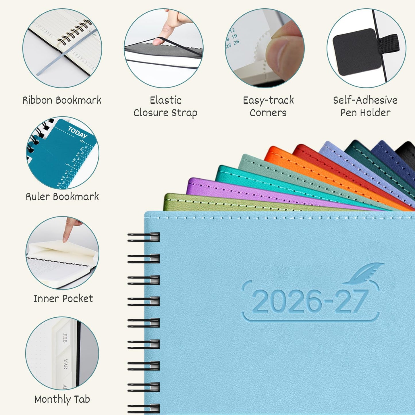BEZEND Weekly Planner 2026-2027 (8.5" x 11") with Hourly Timeslots (Jul 26-Dec 27) 18 Months Academic Calendar & Monthly Tabs, for Students, Work & Home, Spiral PU Leather Softcover -Turquoise