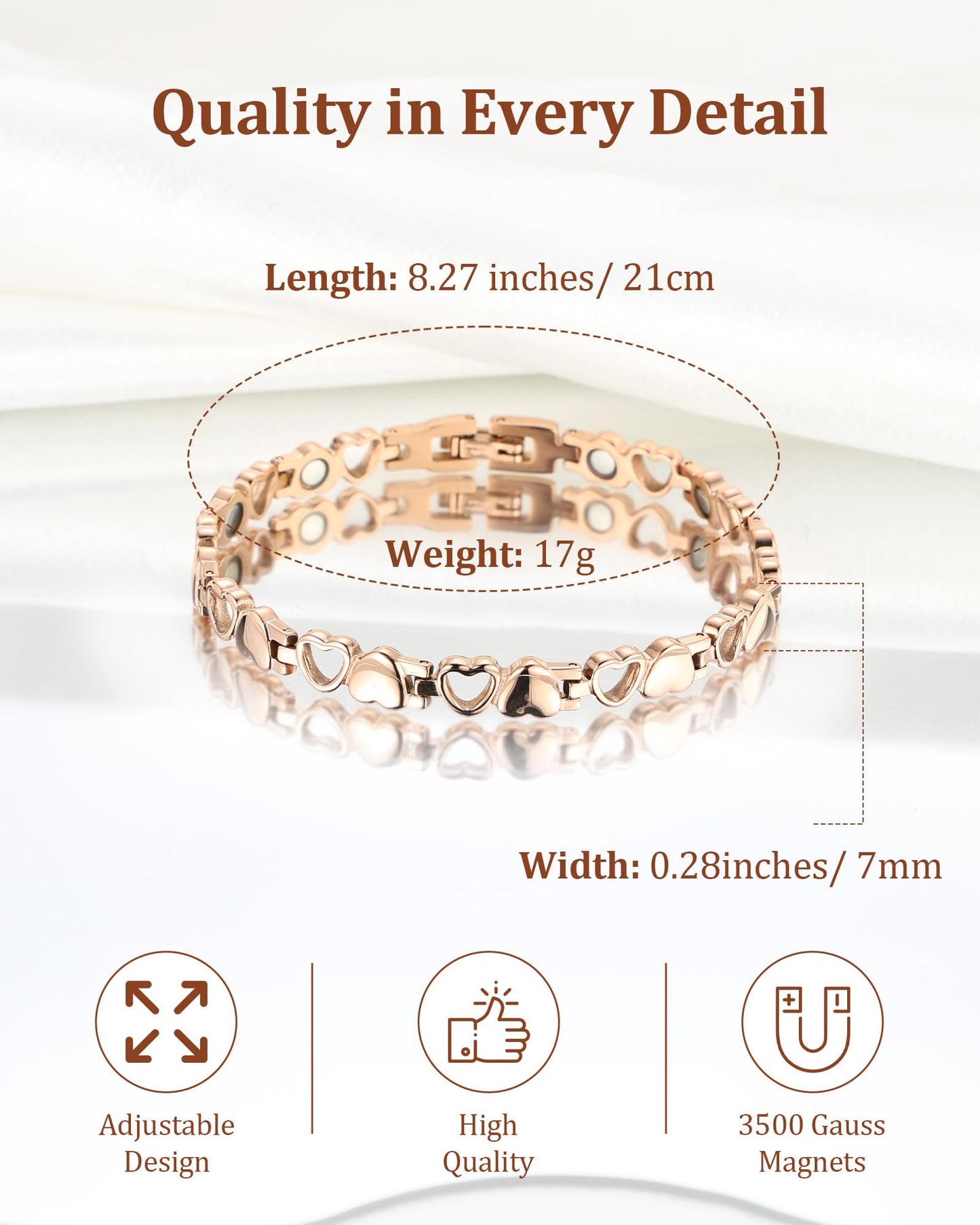 BioMag Magnetic Bracelet for Women, Titanium Steel Wristband Brazaletes for Pain Relief Solid Pure Copper Jewelry Gift with Adjustable Tool (Rose Gold)