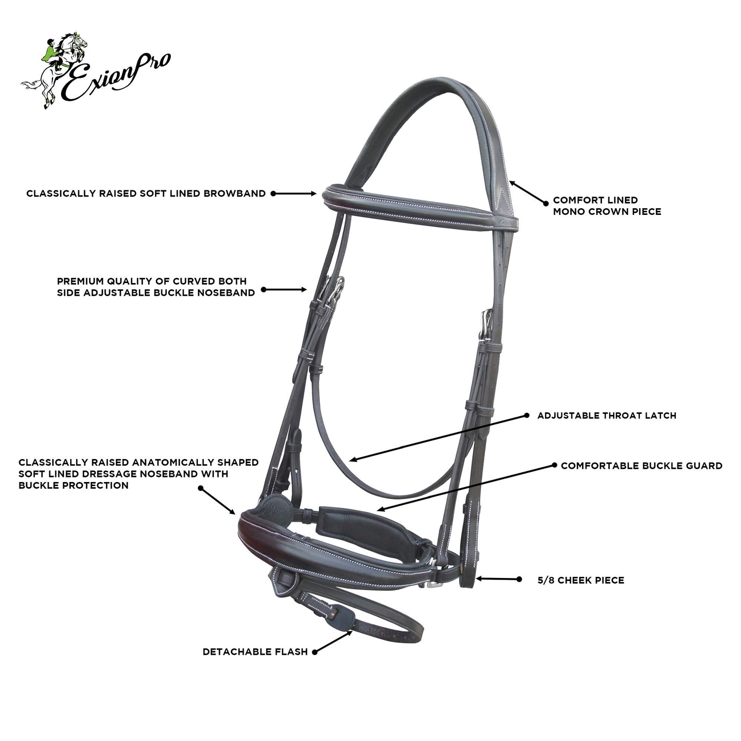 Exion Dressage Bridle with Mono Crown & Detachable Flash | Anatomical Crank Noseband, Raised Padded Browband, Calfskin-Lined Leather Dressage Bridle with Web Reins for Horses