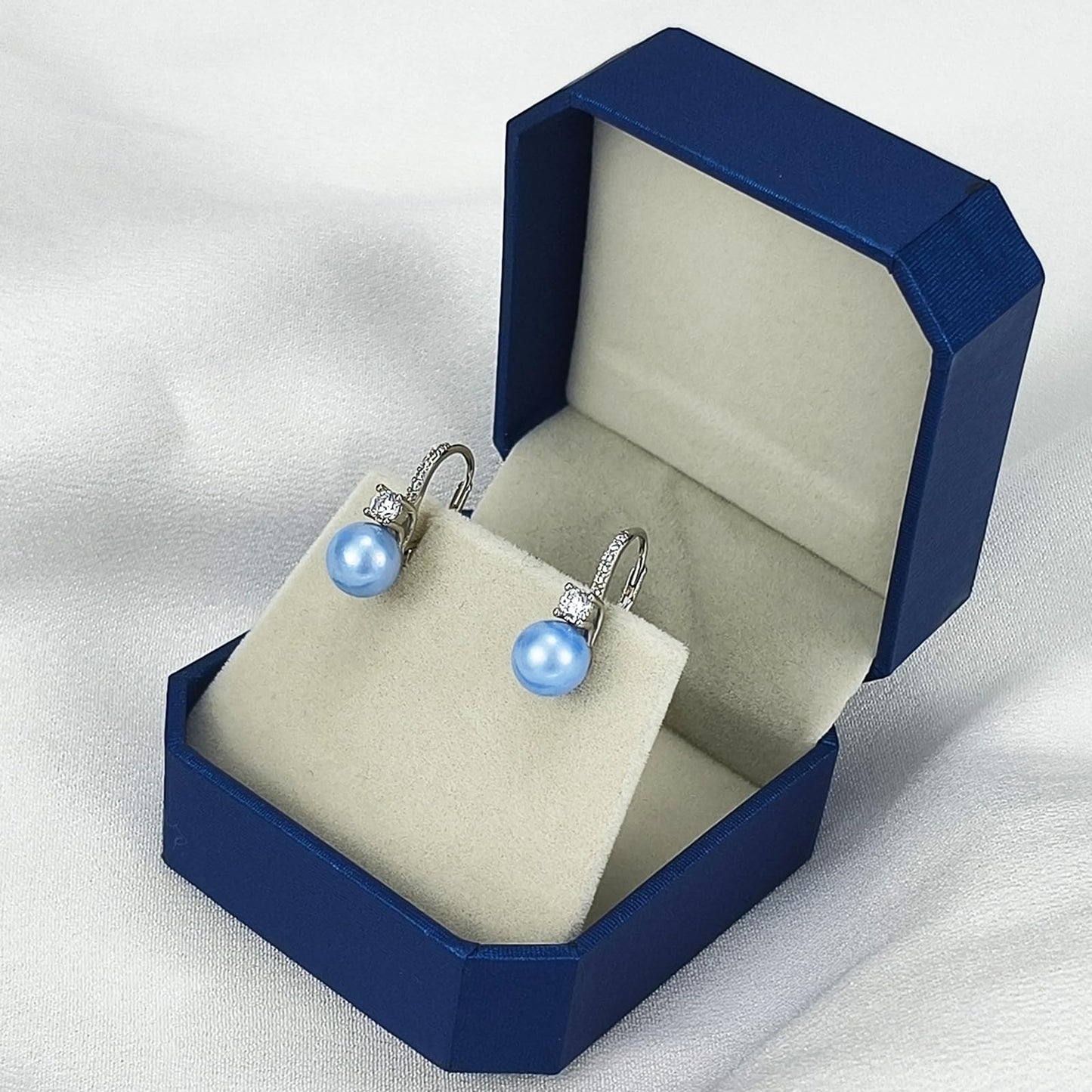 BAMIKI Blue Pearl Drop Dangle Earrings 925 Sterling Silver Cubic Zirconia Leverback Earrings, 8MM Round Saltwater Cultured Pearls Jewelry Gifts for Women Wife Mother