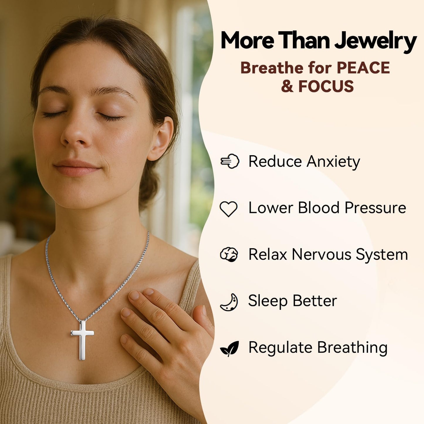 FUNPAR Cross Breathing Necklace for Anxiety Relief and Relaxation, Breathlink Design Quit Smoking Aid, Stainless Steel Mindfulness Tool to Calm, Stylish Wellness Gift for Adults(Silver 41:10)