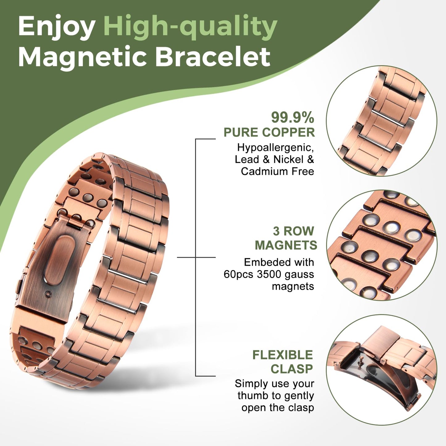 MagEnergy Copper Bracelet for Men, 3-Row Magnet Design, Ultra Strength Magnetic Bracelet 99.99% Pure Copper Wristband Adjustable Jewelry Gift with Sizing Tool(Copper & Black Patina)
