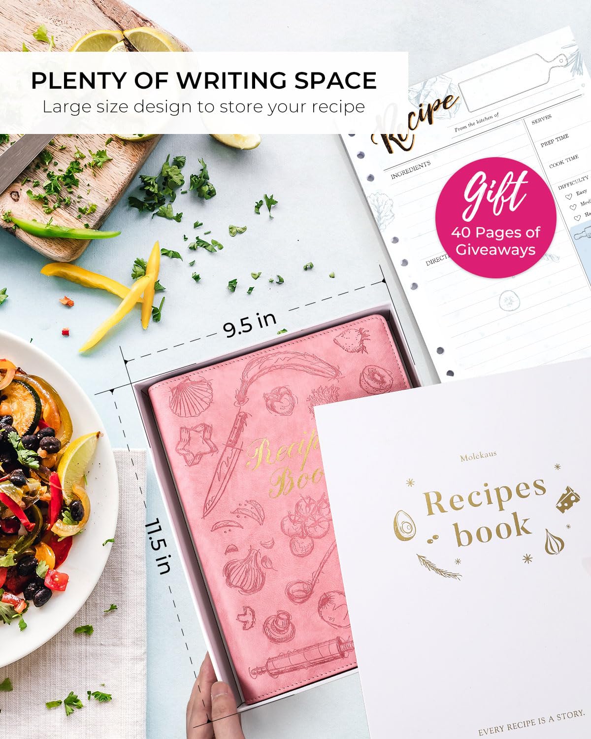 molekaus Recipe Book ，Blank Recipe Book to Write in Your Own Recipes，Recipe Notebook for Family Cooking， Removable Hardcover 7" x 10"Recipe Journal with 160 Pages - Pink