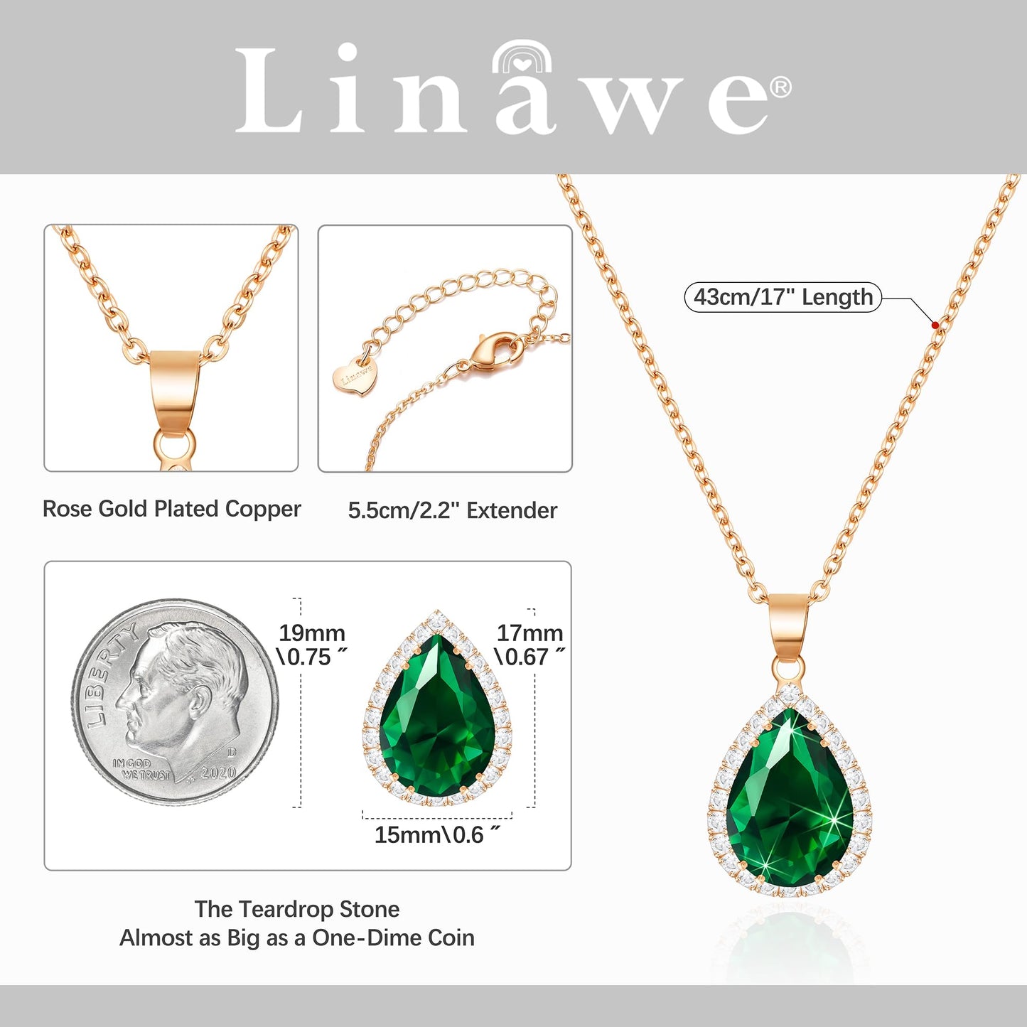 Linawe Emerald Crystal Chain Necklace for Women Trendy Rose Gold, Green Imitation Diamond Pendant Cubic Zirconia Birthstone Rhinestone Teardrop, Preppy Boho Jewelry