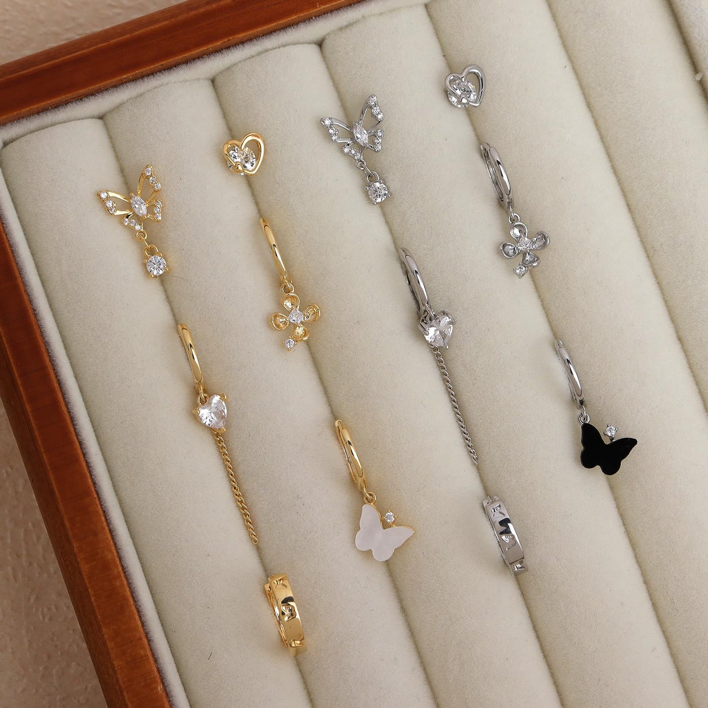 Frigotine Gold Butterfly Heart Small Hoop Stud Earrings Stack Set for Women, Dainty Sparkly Rhinestone Crystal Drop Multiple Piercing Cartilage Huggie Earing Holiday Prom Fashion Jewelry Gift