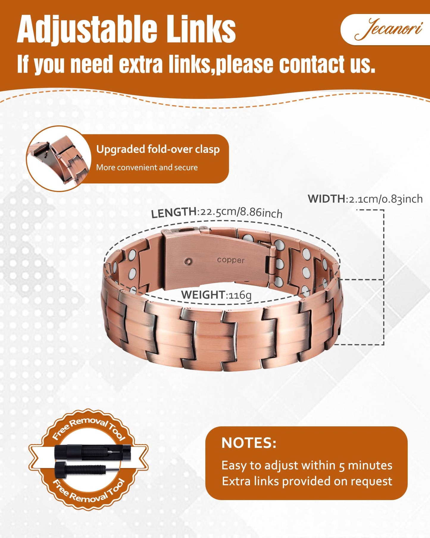 Jecanori Pure Copper Bracelet for Men, Upgrade 3X Ultra Strength Magnetic Bracelets for Men with 3800 Gauss Neodymium Magnets, Premium Fold-Over Clasp Jewerly Gift with Sizing Tool