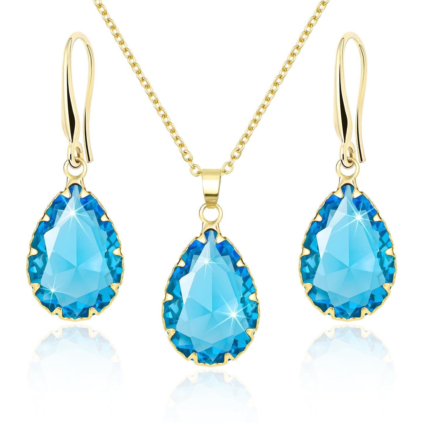 Linawe Aquamarine Blue Jewelry Sets for Women, Gold Plated Necklace and Earring Set, Birthstone Imitation Diamond Crystal Pendant Necklace Set, Tear Drop Earrings Jewelry Set