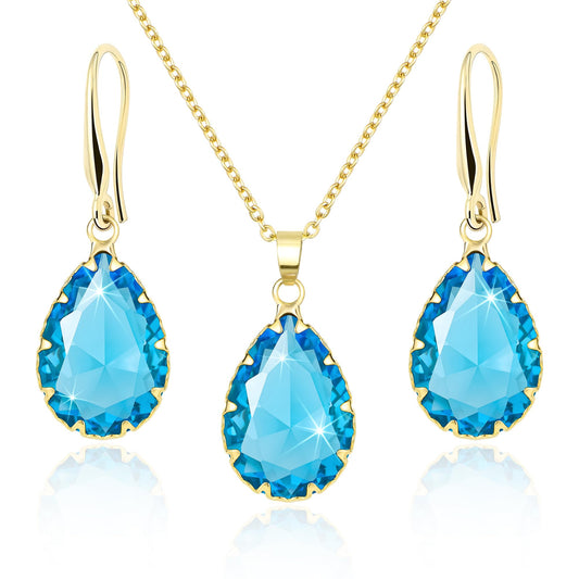 Linawe Aquamarine Blue Jewelry Sets for Women, Gold Plated Necklace and Earring Set, Birthstone Imitation Diamond Crystal Pendant Necklace Set, Tear Drop Earrings Jewelry Set