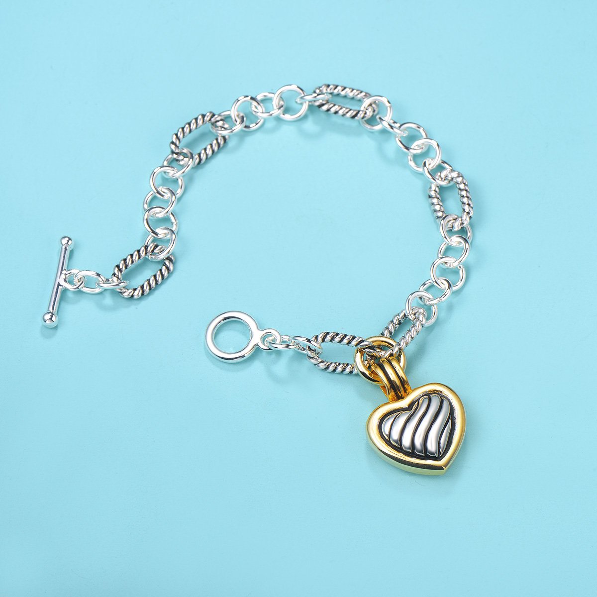 UNY JEWEL Twisted Cable Link Chain Bracelet Two Tone Heart Charm Women Jewelry Christmas Designer Inspired Fashion