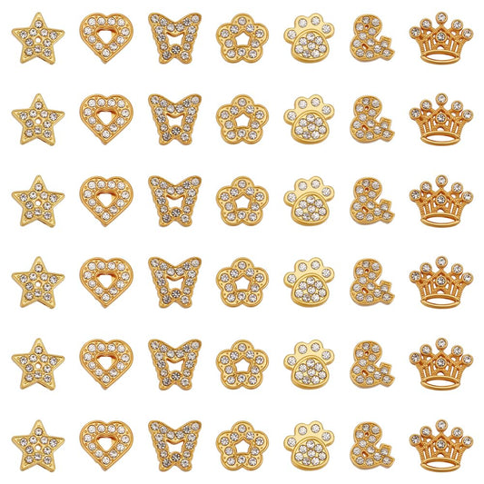 SUNNYCLUE 1 Box 42Pcs Gold Slide Charms Bulk Alloy Slider Charm Rhinestone Star Heart Butterfly Flower Paw Symbol Crown Slide Charm Spacer Beads for Bracelets Necklace Wristbands Jewelry Making Crafts